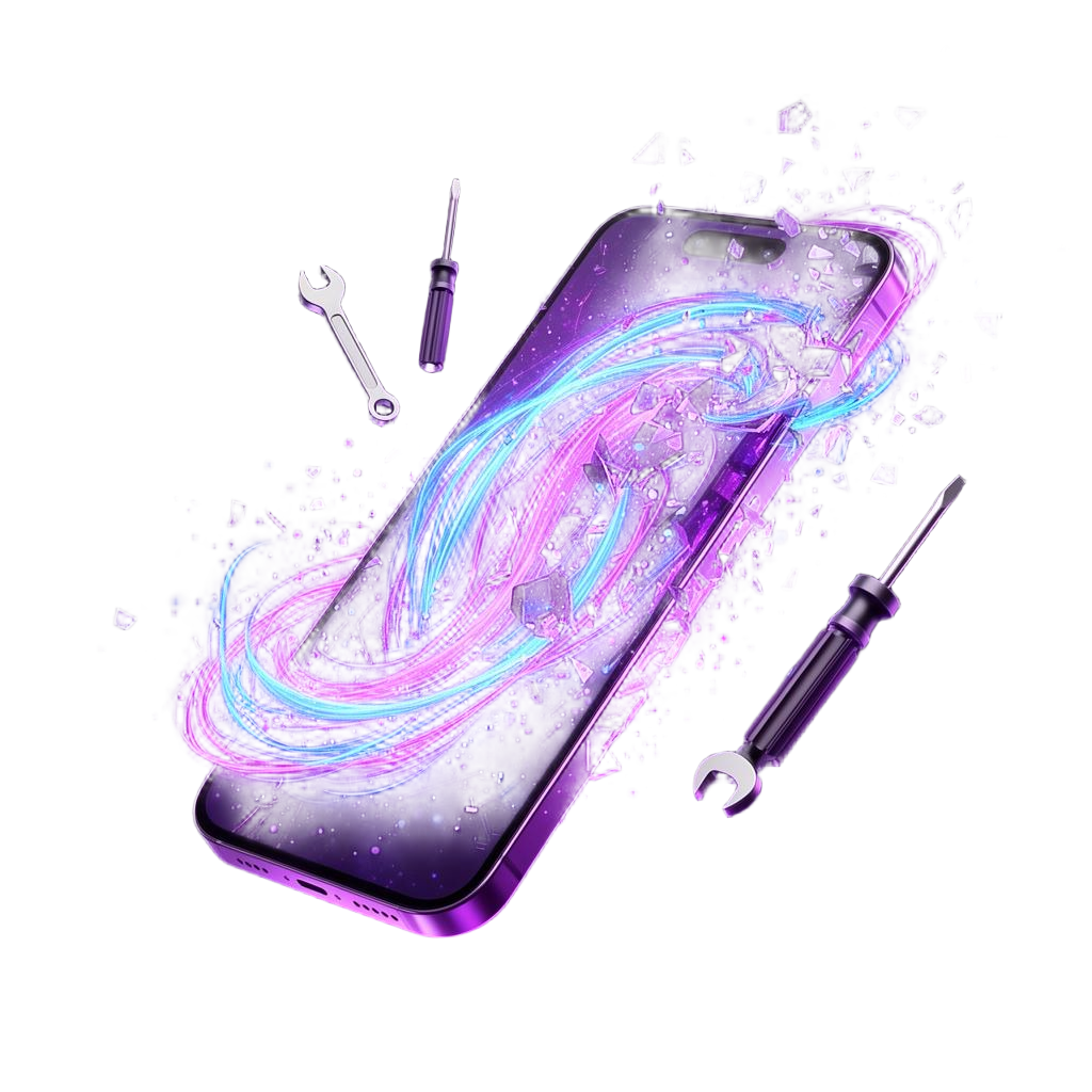 Téléphone réparé entouré d'énergie violette